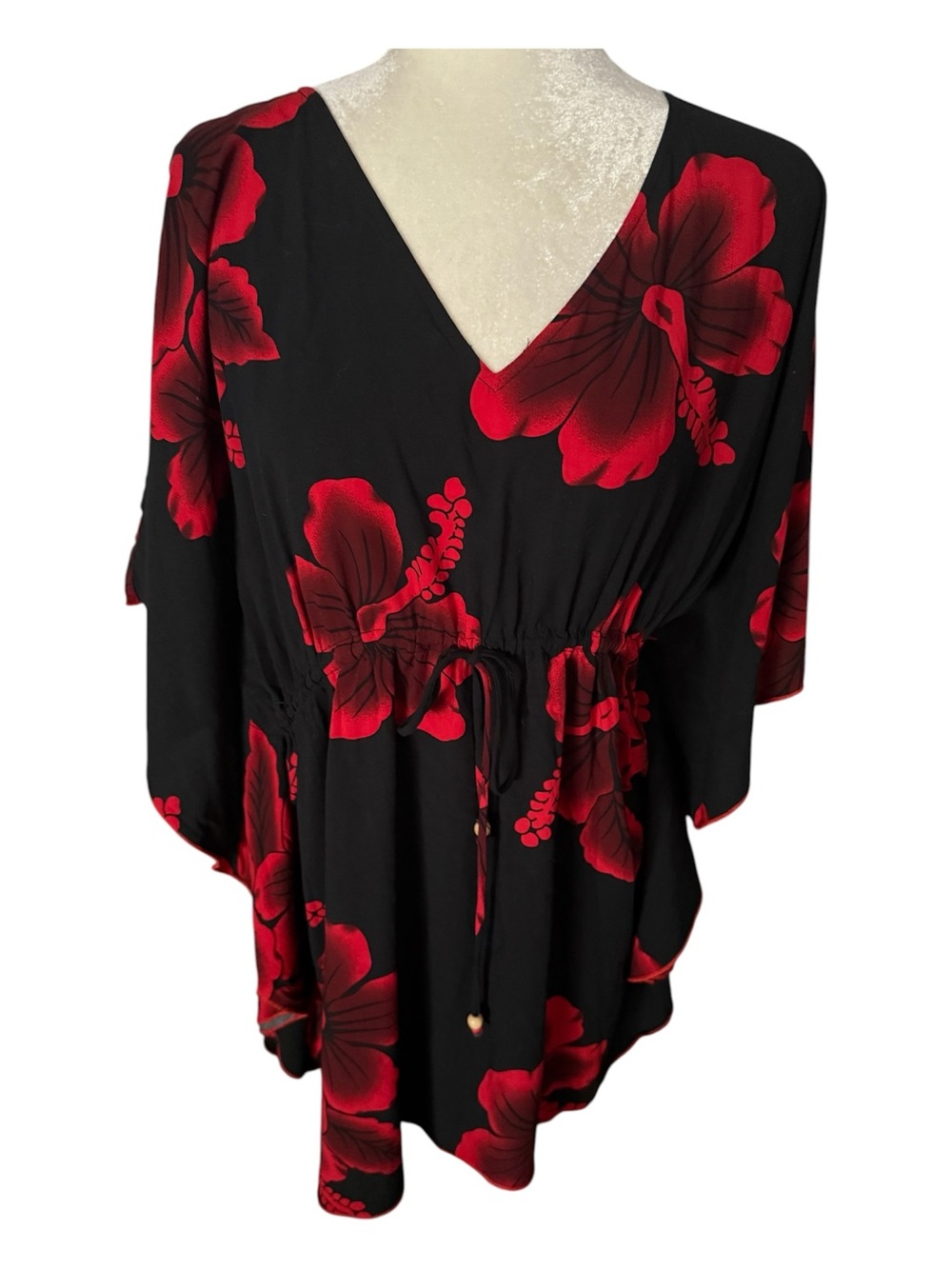 Favant Hawaiian Black & Red Floral V-Neck Drawstring Tunic Bohemian Silhouette